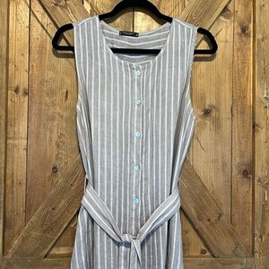 Tan and Cream Striped, Sleeveless, Linen, Midi Dress.  Size Medium